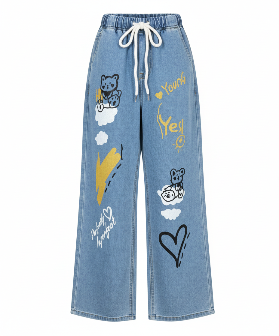 Stretchable Funky Print Wide-Leg Jeans