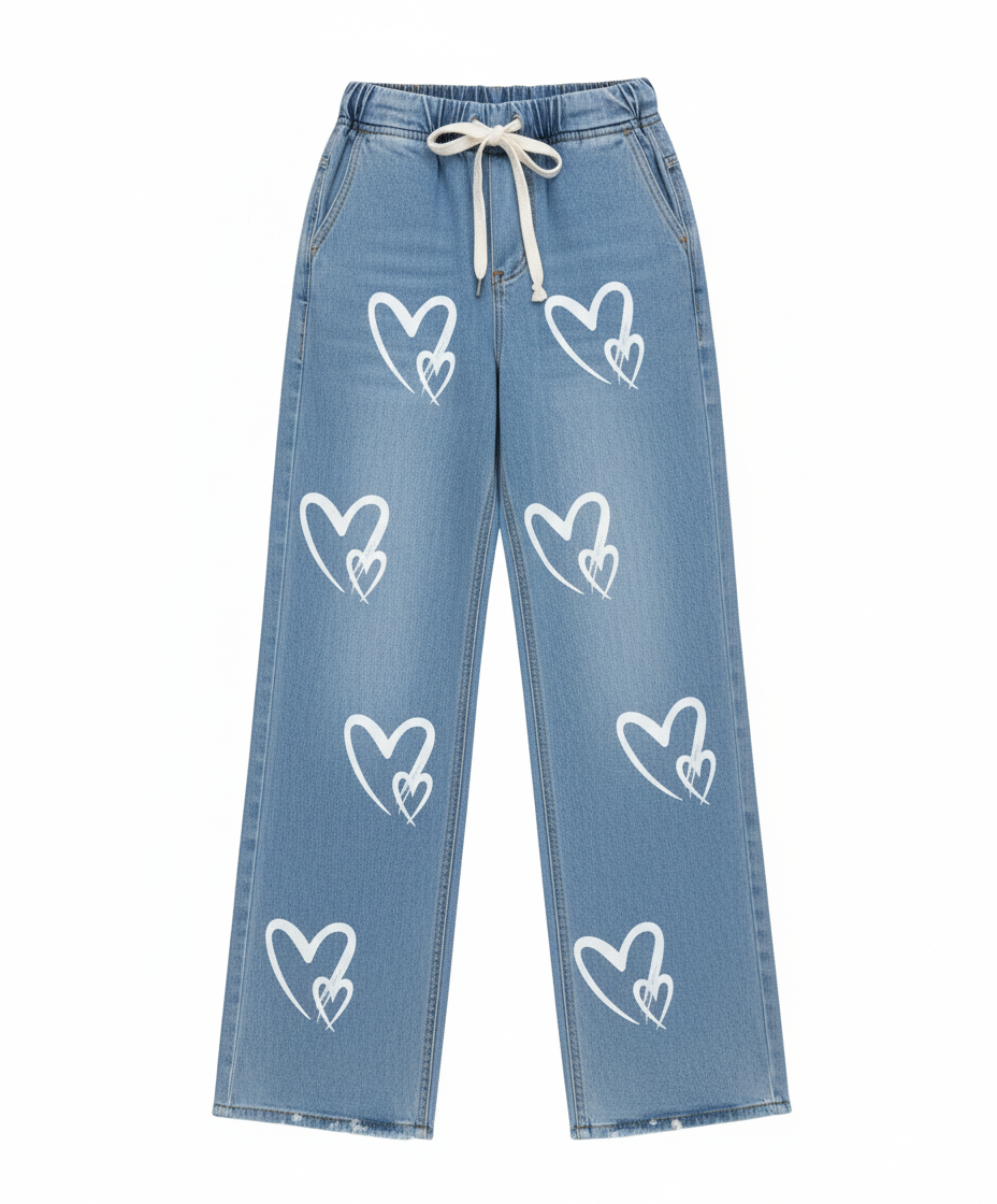 Stretchable Heart Print Wide-Leg Jeans