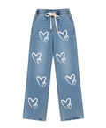 Stretchable Heart Print Wide-Leg Jeans