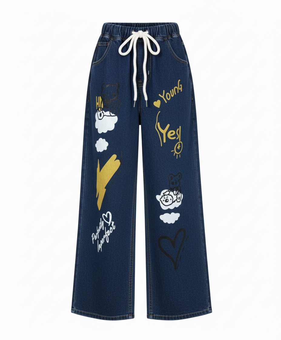 Stretchable Funky Print Wide-Leg Jeans