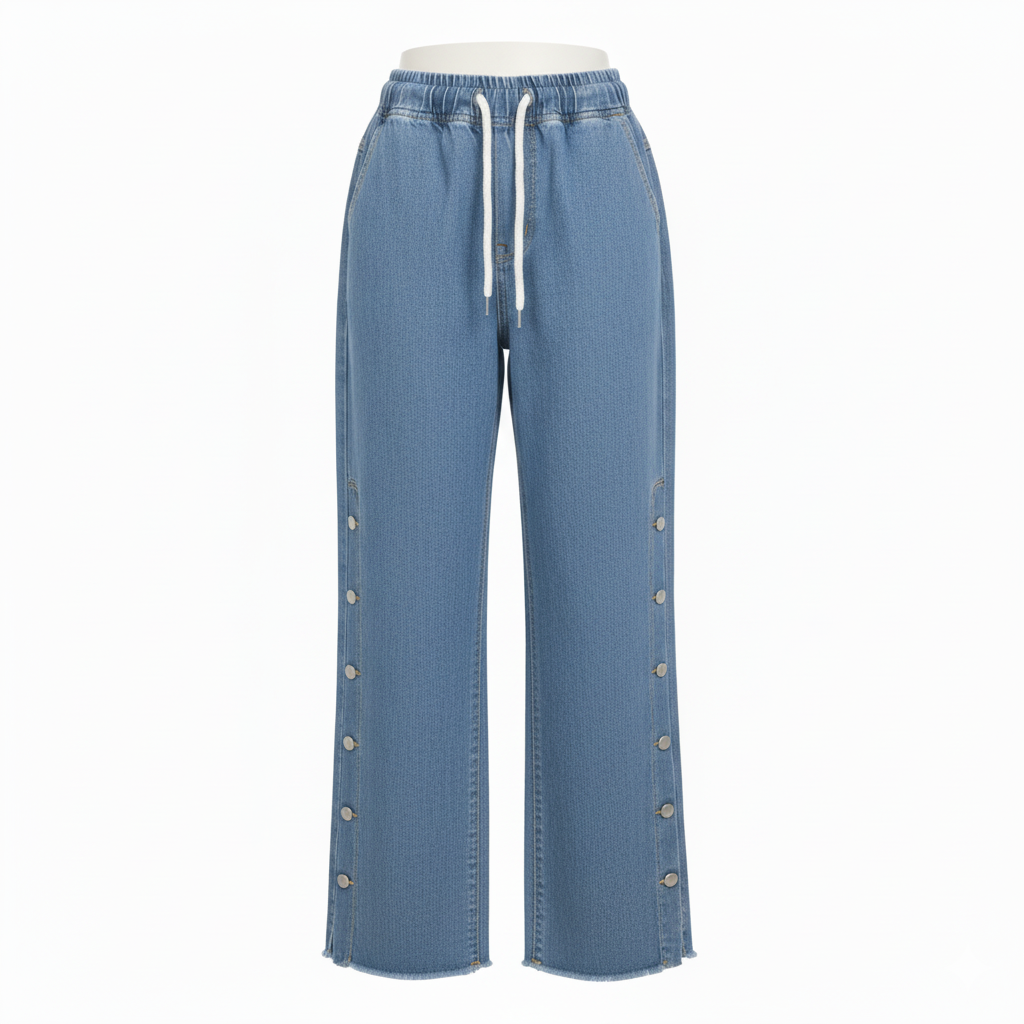 Stretchable Side Button Wide-Leg Jeans
