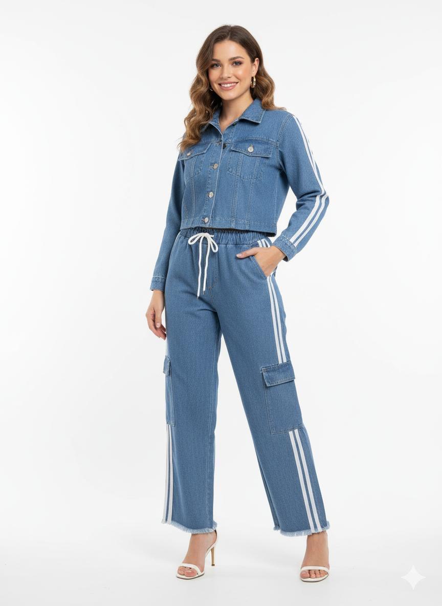 Denim Co-ord Set with White Stripes