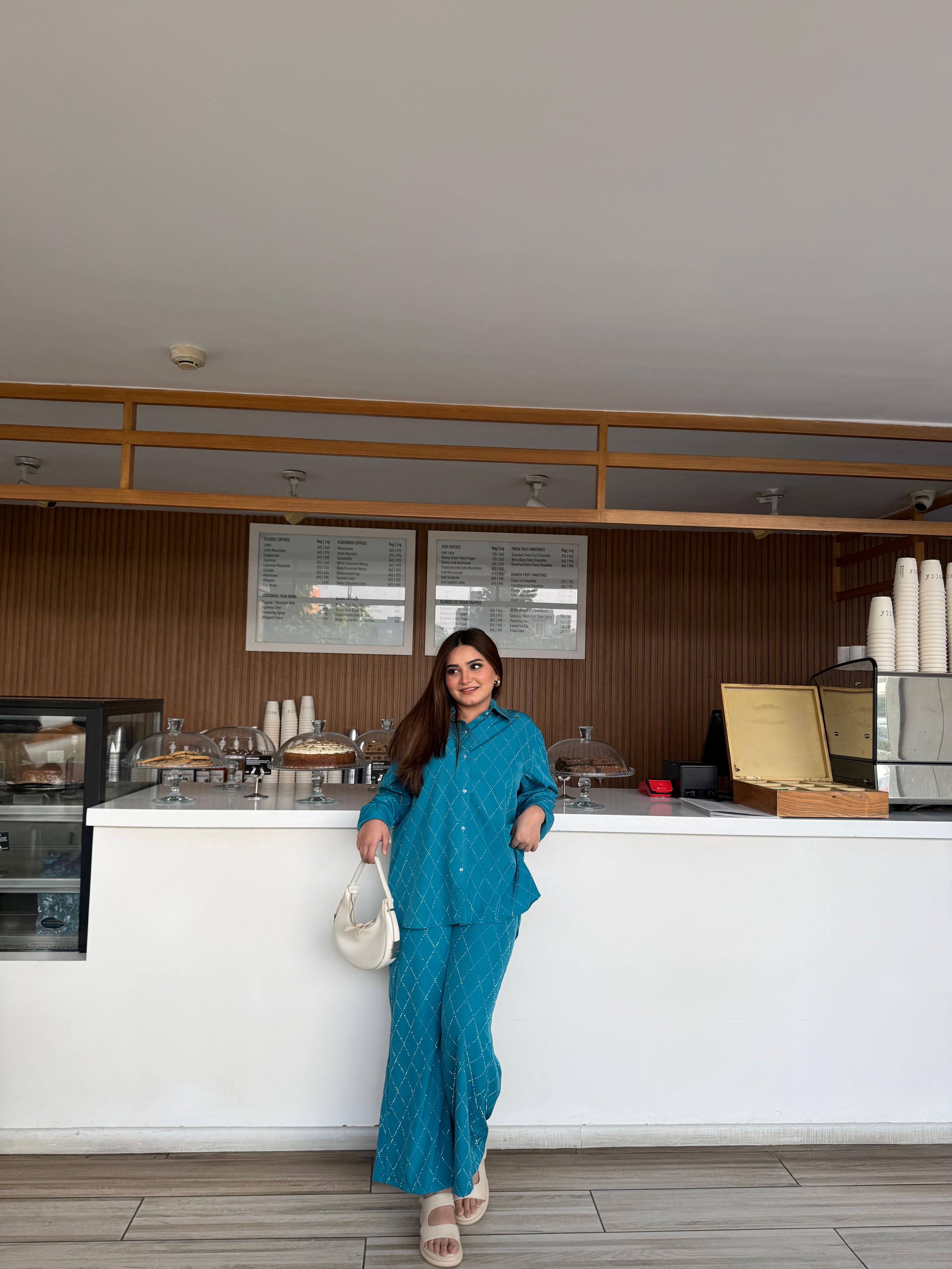 Blue Greenish Embellished Co-ord Set with Sequin Detailing