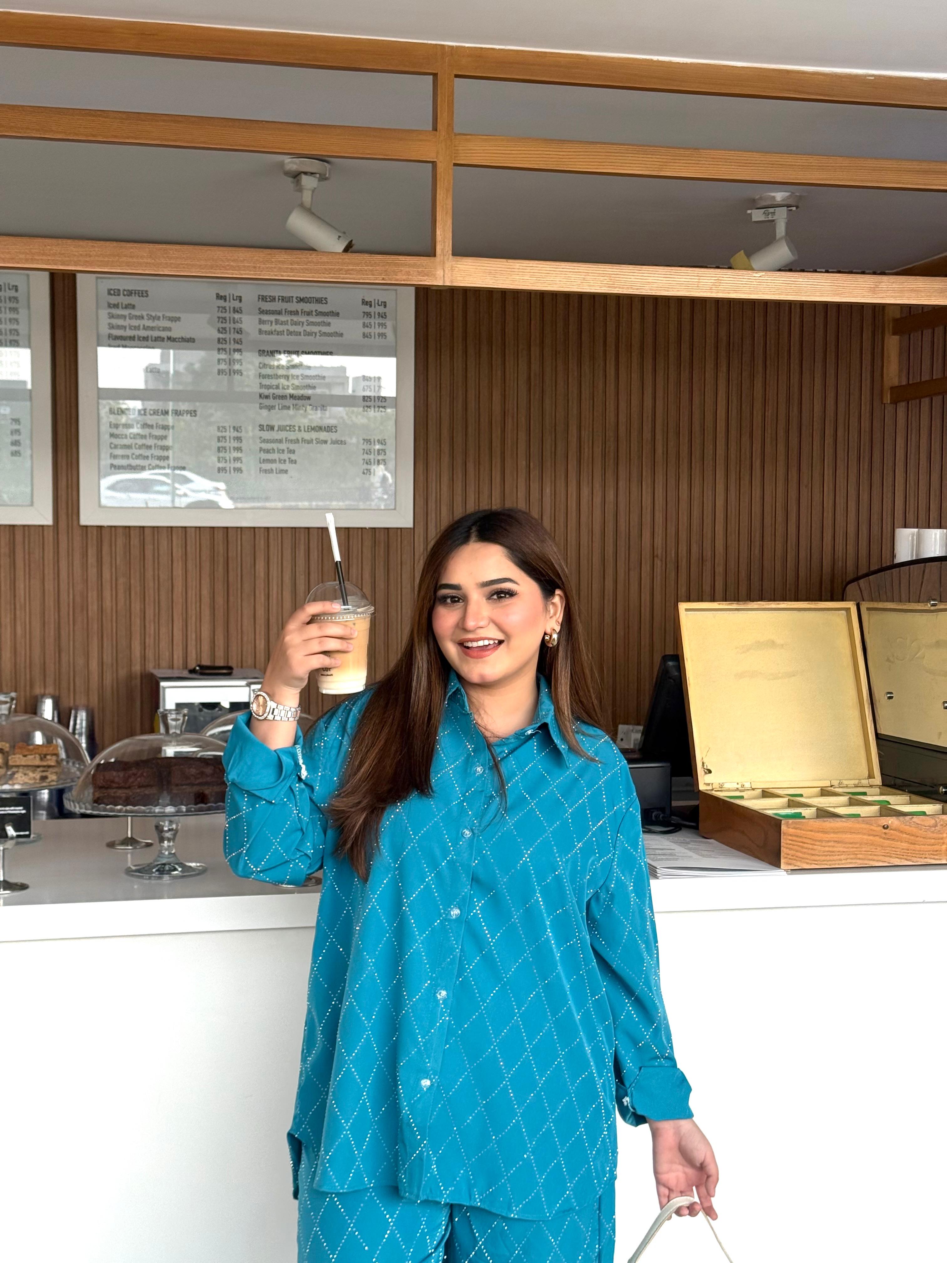 Blue Greenish Embellished Co-ord Set with Sequin Detailing