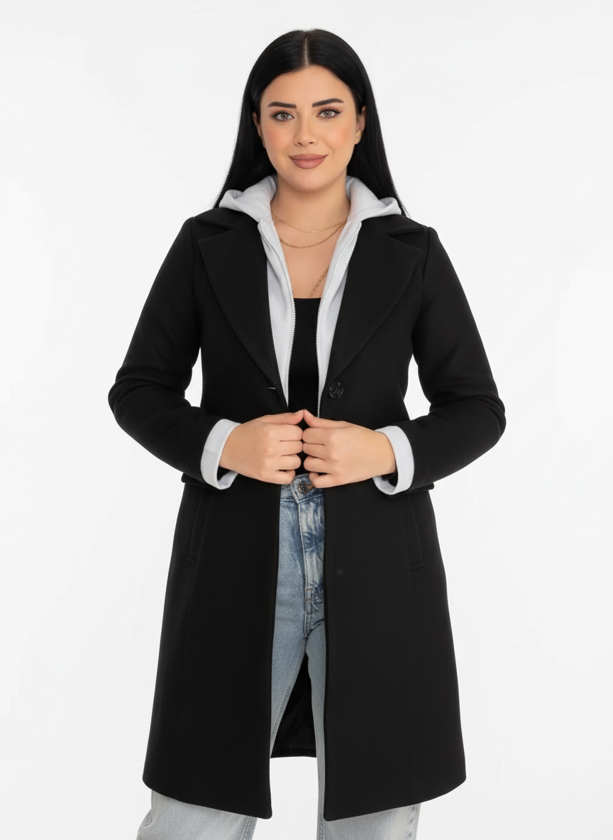 Black Long Coat with White Hoodie