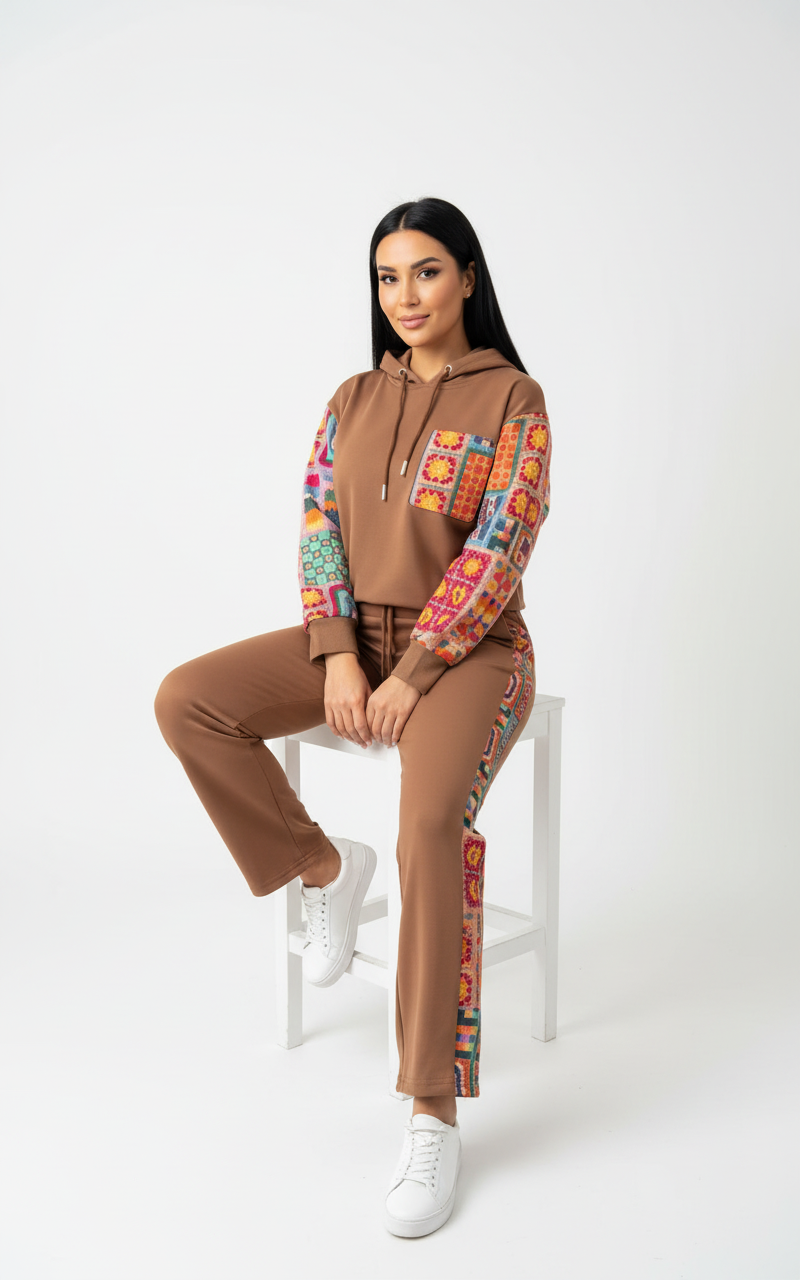 Brown Ethnic Embroidered Hoodie Set with Sneakers