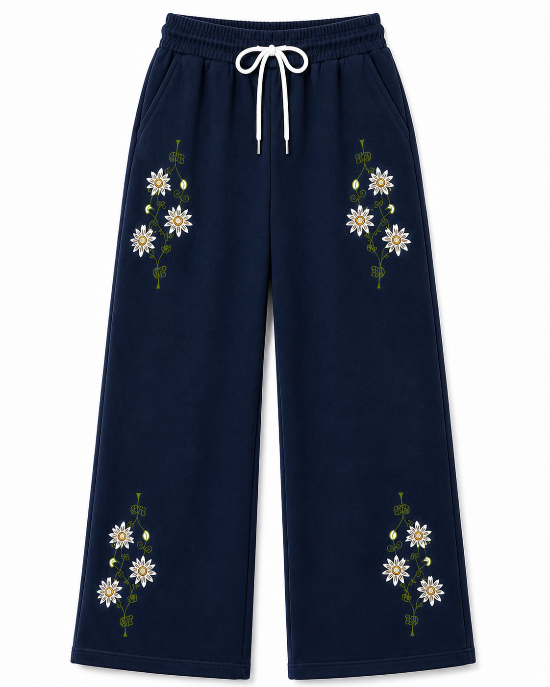 Floral Embroidered Wide Leg Pants – Blue