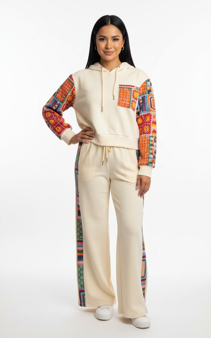 Cream Ethnic Embroidered Hoodie Set Corrected