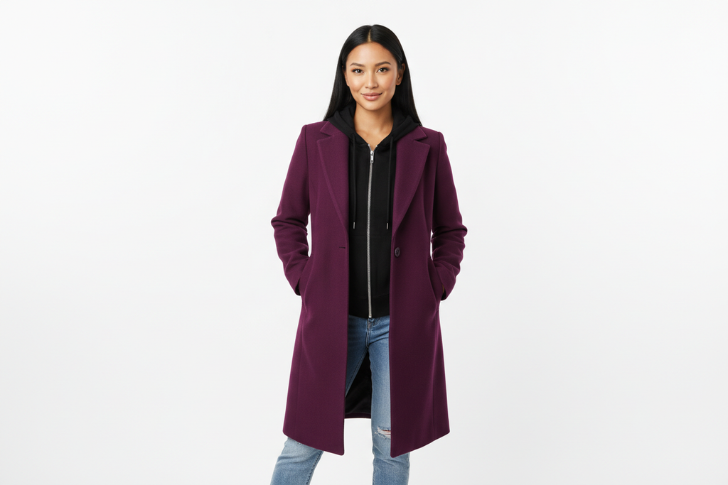 Deep Purple Coat with Black Hoodie