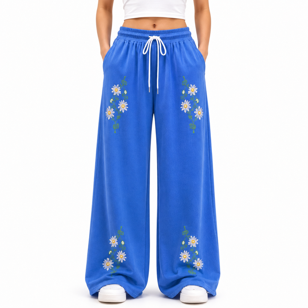 Floral Embroidered Wide Leg Pants – Blue