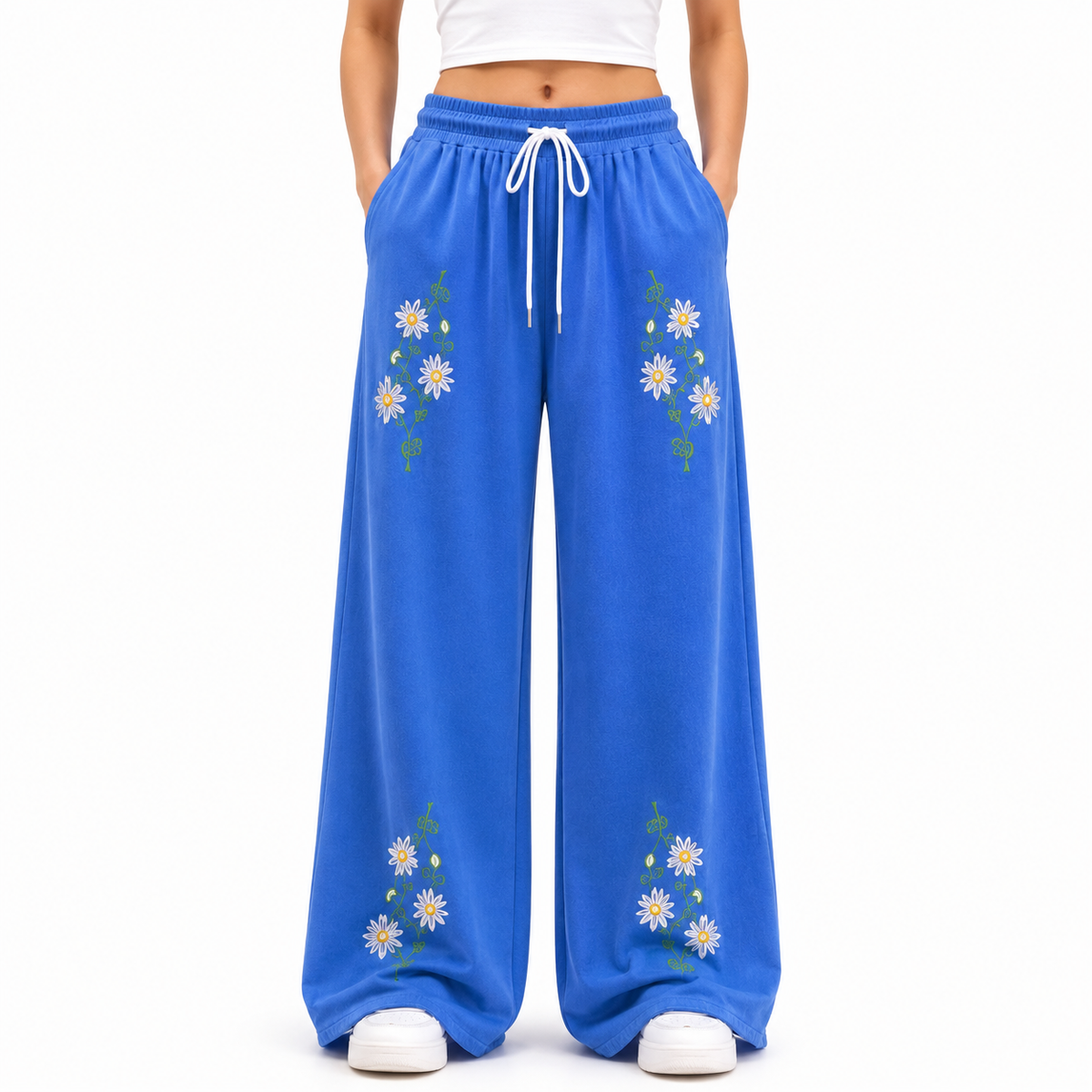 Floral Embroidered Wide Leg Pants – Blue