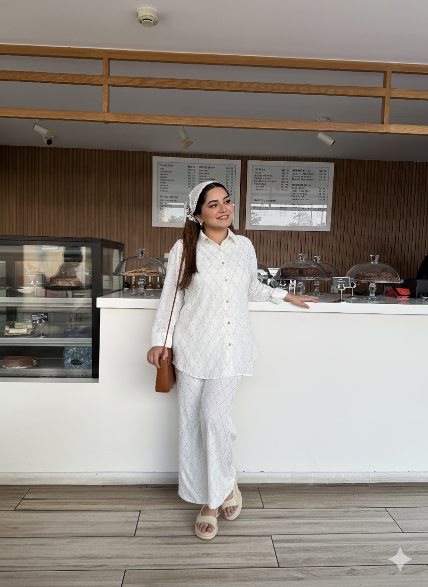 White Embellished Co-ord Set with Sequin Detailing