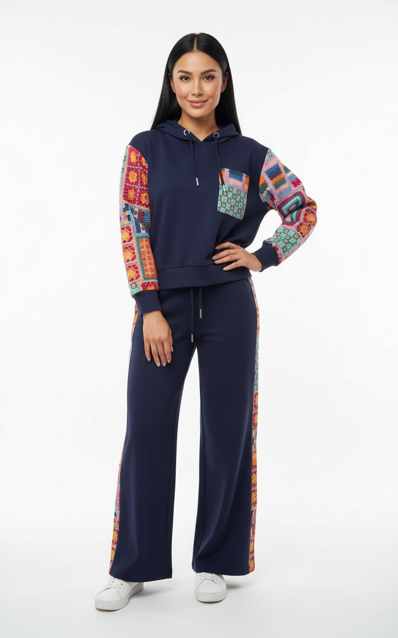 Navy Blue Ethnic Embroidered Hoodie Set